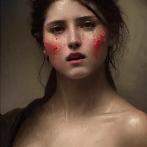 Image similar to hyperrealistic oil painting of woman, oil paint drips, dim volumetric lighting, 8 k octane beautifully detailed render, post - processing, portrait, extremely hyper - detailed, intricate, epic composition, cinematic lighting, masterpiece, by william - adolphe bouguereau, trending on artstation, very very detailed, masterpiece, stunning,