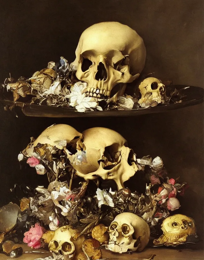 Image similar to beautiful still life oil painting with one skull on a silver platter surrounded by dead flowers and rotten fruit, light from one candle by Diego Velázquez and francisco goya, anatomical, realistic, wet, slimy