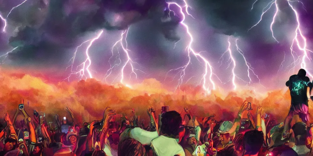 Prompt: Lightning storm while rapper performs on stage, digital art, vapor wave, hip hop, blade runner, trending on Artstation, professional artist, detailed, 4k