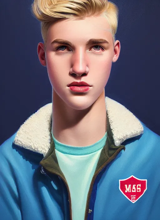 Prompt: portrait of a high school senior boy named moose mason, blonde short hair, jock, beefy, square jaw, square facial structure, 1 9 5 0 s, blue varsity jacket, intricate, elegant, glowing lights, highly detailed, digital painting, artstation, concept art, smooth, sharp focus, illustration, art by wlop, mars ravelo and greg rutkowski