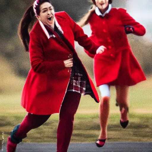 Image similar to sprinting women, wearing red coats,