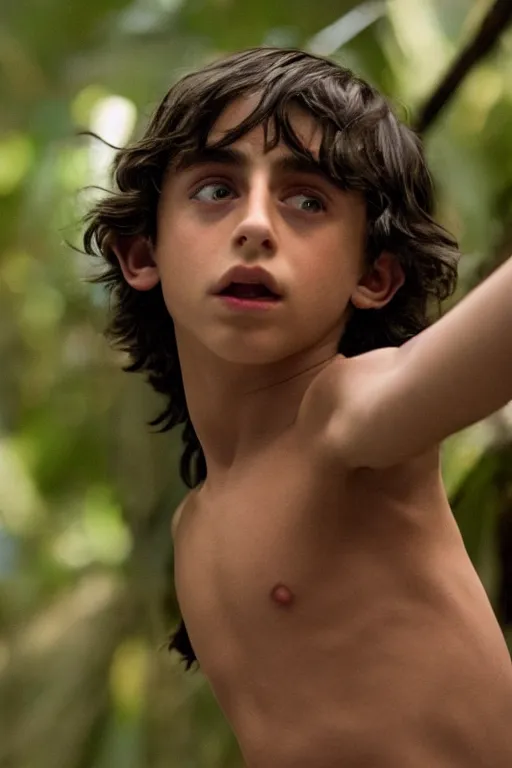 Image similar to young timothee chalamet plays mowgli in the live action adaptation of the jungle book, 3 5 mm photography, highly detailed, cinematic lighting, 4 k