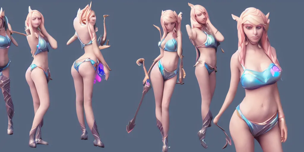 Image similar to Character sheet of gorgeous pool party lux (League of Legends). 3d octane render trending on artstation