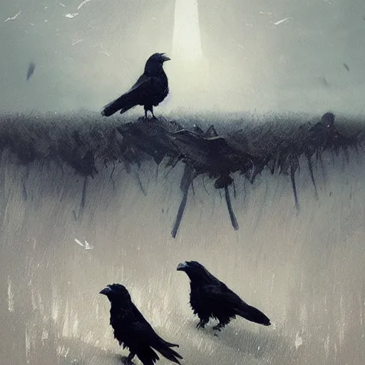 Image similar to A field full of crows, dark sky, art by greg rutkowski, trending on artstation.