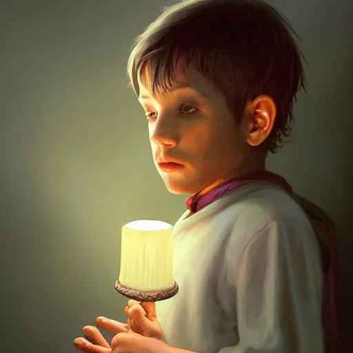 Prompt: shadowy figure of a small boy with branches on his head, wearing an old tunic, holding a lamp. modern, realistic, looking at the camera, enjoying life!!! elegant, highly detailed, digital painting, artstation, concept art, matte, sharp focus, illustration, art by artgerm and greg rutkowski and alphonse mucha