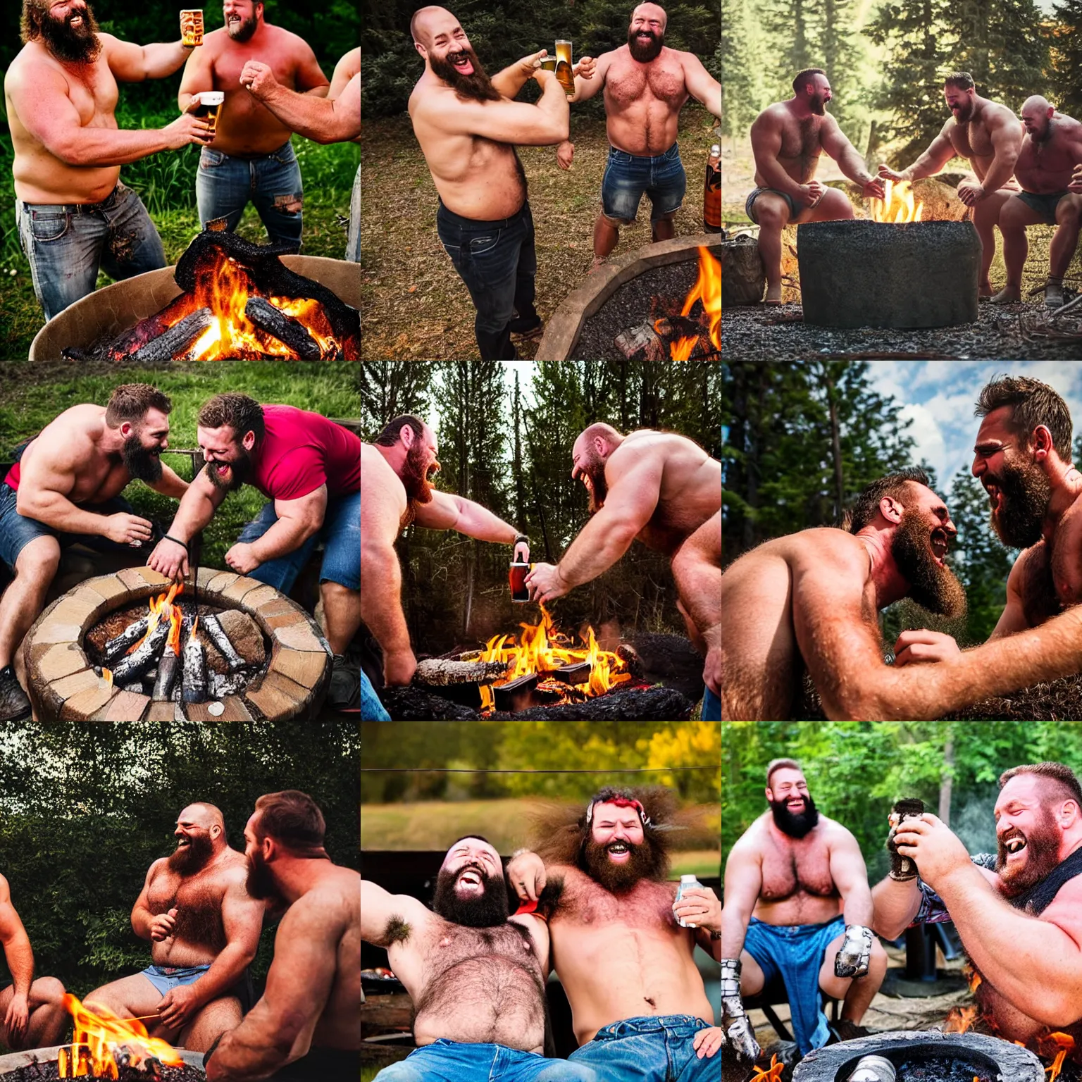 Prompt: big hairy strongmen drinking beer around a fire pit shirtless, laughing a smiling together, kissing each other, redneck, manly, epic, photography, high resolution, high detail, wholesome, warm colours, rural, gay