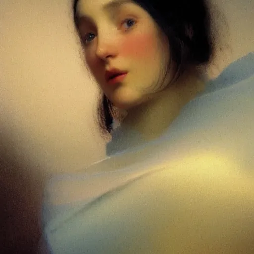 Image similar to a young woman's face, her hair is white and she wears a cobalt blue satin cloak, by ivan aivazovsky and syd mead and moebius and gaston bussiere and roger dean and pieter claesz and paul delaroche and alma tadema and aelbert cuyp and willem claesz, hyperrealistic, volumetric light, octane render