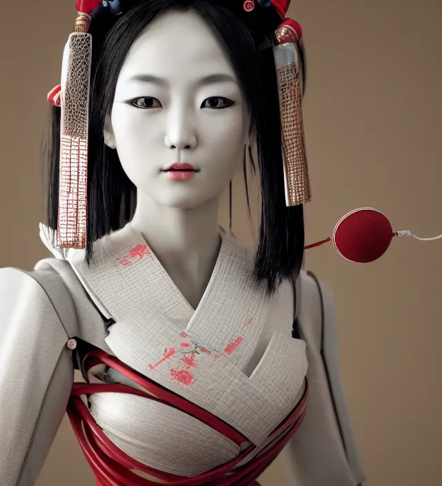 Image similar to portrait of a beautiful japanese robotic geisha with wires and actuators, porcelain white face, dramatic lighting, hyper - realistic, ultra - realistic, intricate details, japanese model, 8 k ultra high definition, octane render