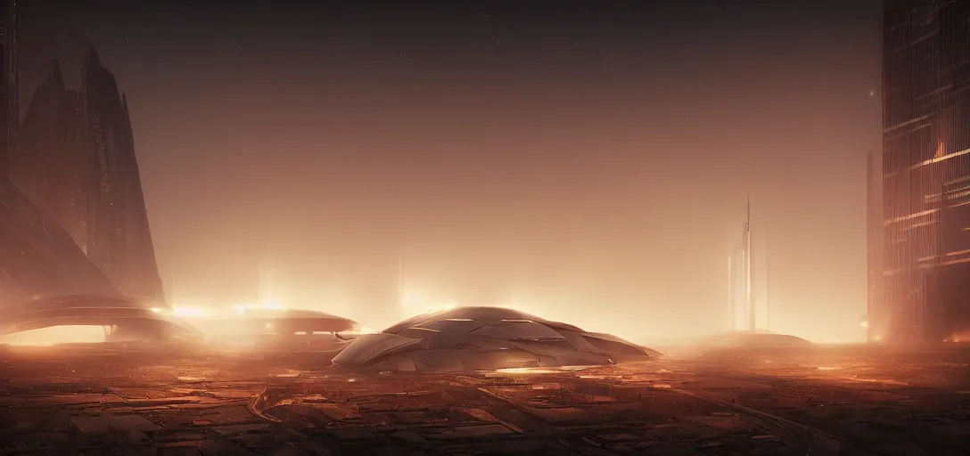 Image similar to view from the desert ground fire night stars of futuristic abandonded sparse mechanical blade runner cyberpunk architecture, light rays, symmetry, cinematic lighting, ultra detailed, sharp, ambient occlusion, bloom, raytracing, by greg rutowski, paul chadeisson and jessica rossier