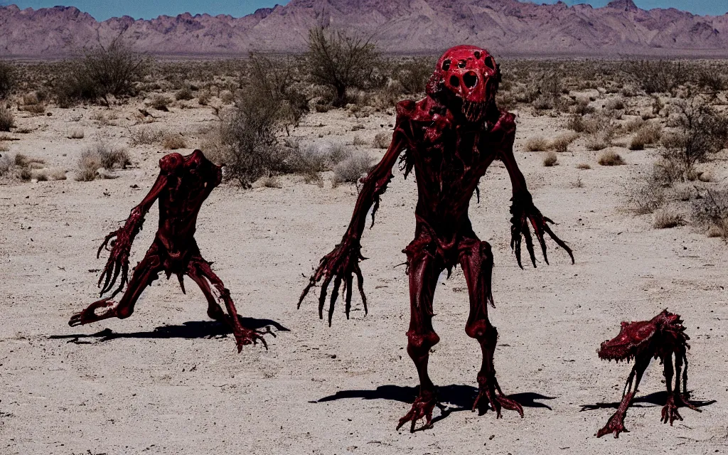 Image similar to in the desert a bloody gross horrifying The Thing creature made of muscle and bone and blood stares at the camera, eating, it walks on two legs, mid day, 35mm photography, realistic,