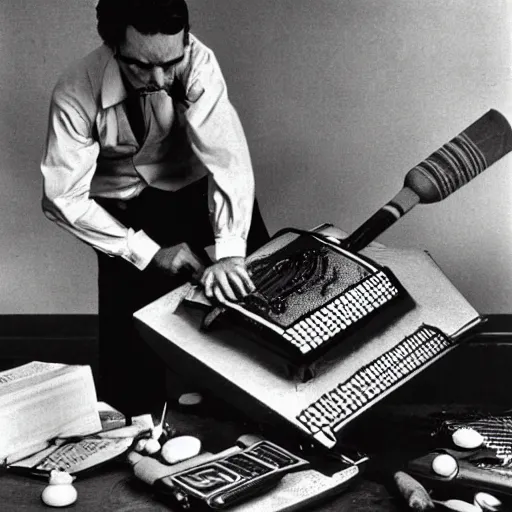 Image similar to a black and white photograph of a man destroying a computer with a baseball bat, by gary baseman, robert crumb, jim henson, photorealistic, surreal, high contrast, film photography