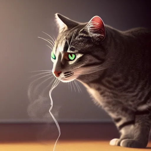 Image similar to a high quality photo of a cat wearing a suit and smoking, render, ultra realistic, cgsociety