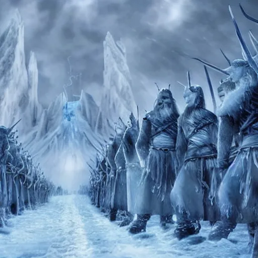 Image similar to White Walkers roam beyond the wall on a snowy night approaching The Wall, detailed, realistic, intricate, award winning photo in the style of Avatar The Last Airbender