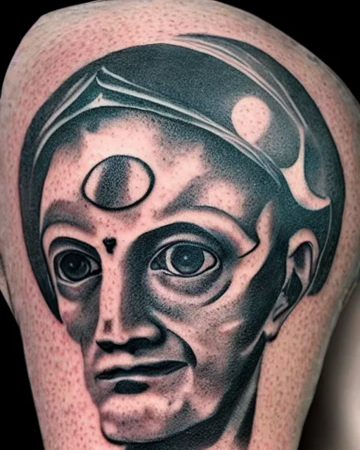 Image similar to planets coming out from the top of a broken renaissance head statue, tattoo design, hyper - realistic, in the style of tony santos