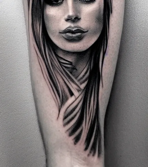 Prompt: tattoo design sketch of a beautiful girl portrait and a faded mountain background, in the style of den yakovlev, black and white, realism tattoo, hyper realistic, highly detailed