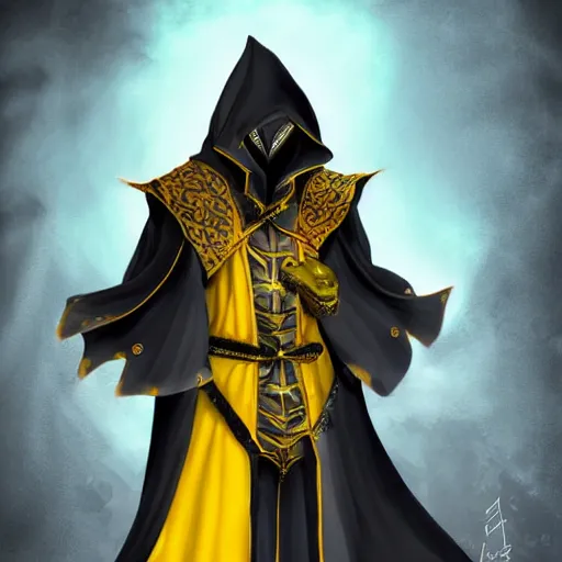 Prompt: Black anthropomorphic dragon wearing yellow hooded ornate robes. Black background. D&D fantasy art.