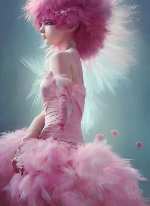 Prompt: beautiful little girl with an pink eccentric haircut wearing an dress made of feathers dancing on stage, artwork made by ilya kuvshinov, inspired in donato giancola, hd, ultra realistic, reflection, flowers, light, realistic face, bird, trending on pixiv