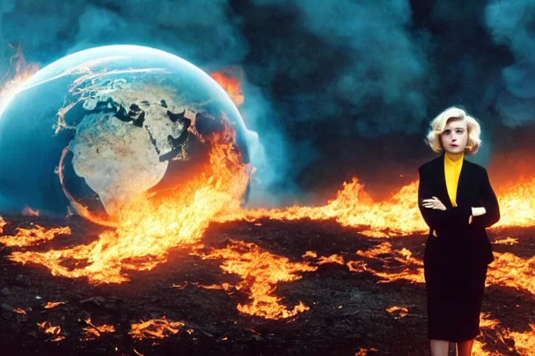 Image similar to a moody photograph of a confident caucasian woman in her 6 0's with short blonde hair wearing a tailored yellow suit standing against a backdrop of the planet earth engulfed in flames. photograph by annie leibowitz, cinematic lighting, sci fi, futuristic