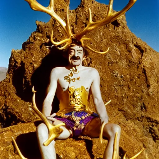 Image similar to salvador dali wearing a golden costume with jewels and antlers, in a dry rocky desert landscape, visible sky and sunny atmosphere, film still from the movie by alejandro jodorowsky with cinematogrophy of christopher doyle and art direction by hans giger, anamorphic lens, kodakchrome, very detailed photo, 8 k