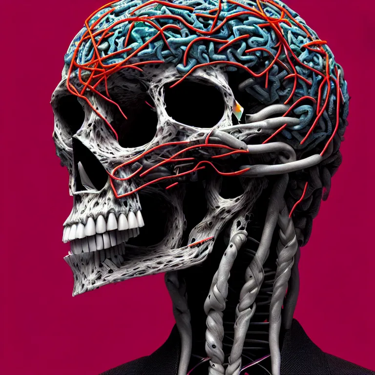 Prompt: a full - body portrait of a man with an open skull, with a ( crow!!! eating!!! brain!!! ), cult dystopian neon environment, intricate, elegant, highly detailed, rule of thirds, digital sculpture, artstation, 8 k rendering, ray tracing, by salvador dali and david cronenberg