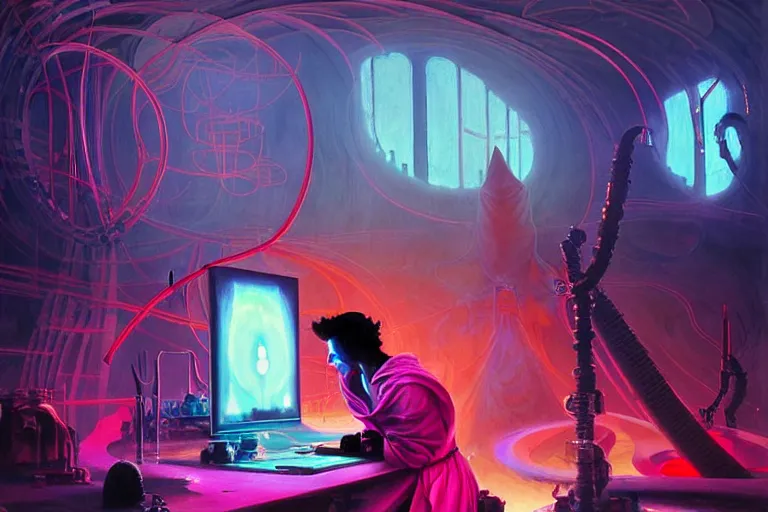 Prompt: a beautiful masterpiece painting of a technomancer wizard in robes with pointed hood creating a synthesized AI djinn in his laboratory near a computer by Remedios Varo and Anato Finnstark and Greg Rutkowski, dayglo pink, dayglo blue, dazzle camouflage