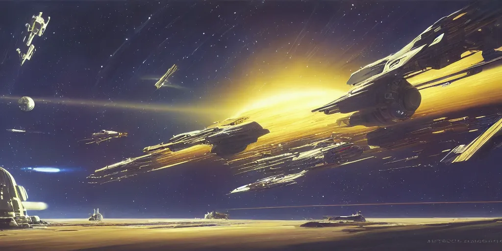 Prompt: a beautiful space scene with a spaceship, ralph mcquarrie, syd mead, john berkey, art bean trending on artstation, highly detailed oil painting, hyperrealistic, cinematic, dramatic lighting