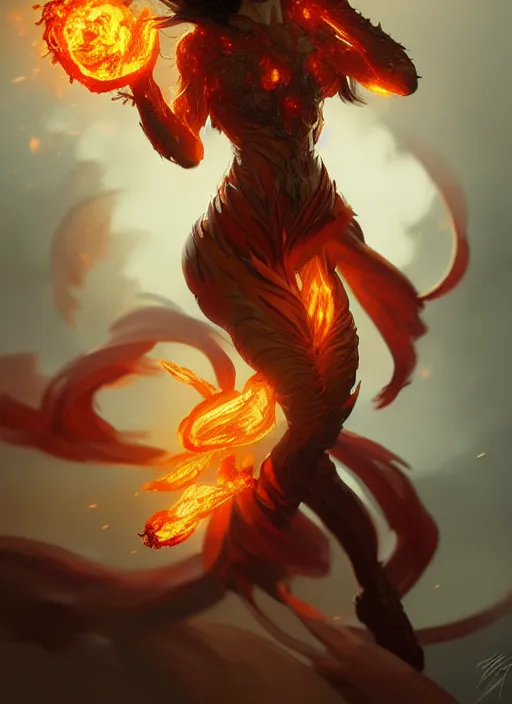 Image similar to a fire elemental throwing a fireball, intricate, brutal, highly detailed, digital painting, artstation, concept art, smooth, sharp focus, illustration, art by artgerm and greg rutkowski and alphonse mucha, 8 k