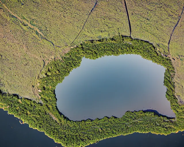 Prompt: my teeth are sharp. there is a lake in the foreground with water reflections.