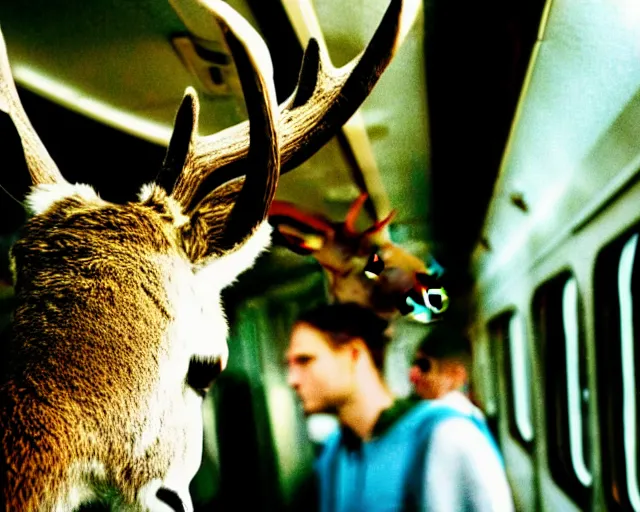 Image similar to a lomography photo of rumble between two human with deer head in soviet train this morning, bokeh,