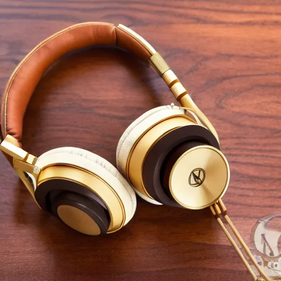 Prompt: masterpiece photo of meze classics headphones, gold metal, wood cups, leather padding, displayed on mahogany desk, modernist headphones, wood headphones beautiful well designed, hyperrealistic, audiophile, intricate hyper detail, extreme high quality, photographic, meze audio, sennheiser, hifiman