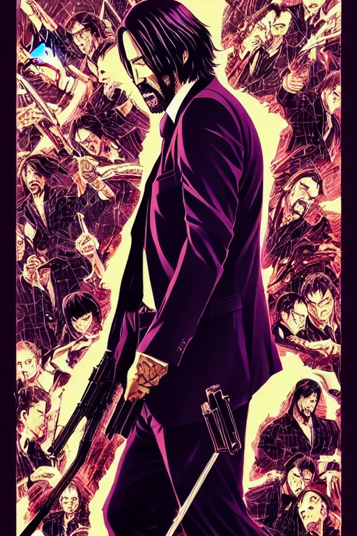 Image similar to poster of john wick, in anime style, by yoichi hatakenaka, masamune shirow, josan gonzales and dan mumford, ayami kojima, takato yamamoto, barclay shaw, karol bak, yukito kishiro