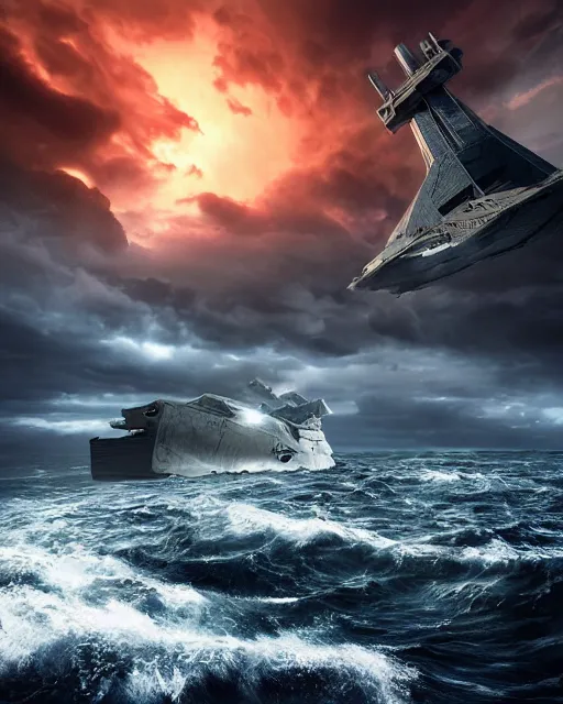 Prompt: scifi action scene of a fishing boat on stormy seas, a terrifying gigantic star destroyer spaceship flying overhead, the gigantic star destroyer spaceship is emerging from storm clouds, sunset lighting, stormy weather, dramatic lighting, unreal engine, hyper realism, realistic shading, cinematic composition, realistic render, octane render, detailed textures, photorealistic, ultrawide shot, 1 6 mm lens