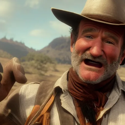 Prompt: Film still of Robin Williams, from Red Dead Redemption 2 (2018 video game)