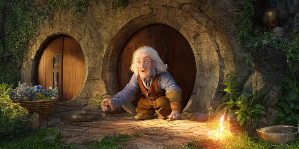 Image similar to a hobbit in his home at the shire with gandalf casting spells fantasy hi quality 4 k render,