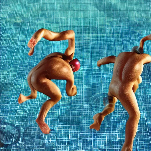 Image similar to photo, two old men fight pig mutants 5 3 8 2 8 inside a swimming pool, highly detailed, scary, volumetric lighting, front view