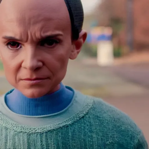 Prompt: an movie still of ivete sangalo as eleven bald in stranger things, close up, high details,