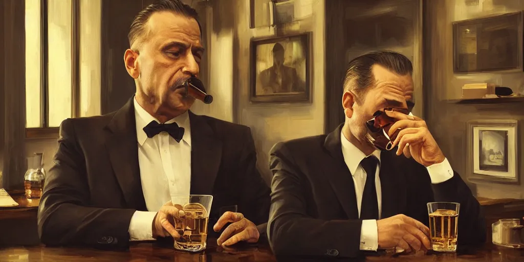 Prompt: beautiful oil matte portrait painting, mafia boss drinking whiskey at his 5 0 s new york office desk, wonderful masterpiece highly detailed, beautiful cinematic light deep focus, elegant, digital painting, smooth, sharp focus, golden ratio, dramatic illumination, ultra realistic, 8 k, art by jimmy law