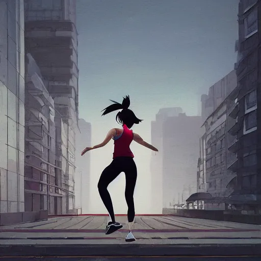 Image similar to a portrait of an asian female parkour runner with a black tank top and white running pants, city setting, vivid colors, soft lighting, atmospheric, cinematic, moody, in the style of Ilya Kuvshinov and Range Murata, Krenz Cushart, rule of thirds, oil on canvas, 8k