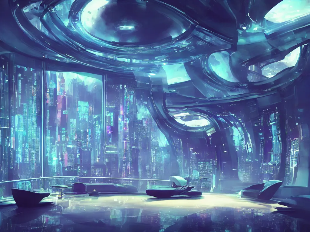 Image similar to a futuristic bedroom with large curved ceiling high windows looking out to a far future cyberpunk cityscape, cyberpunk neon lights, raining, scifi