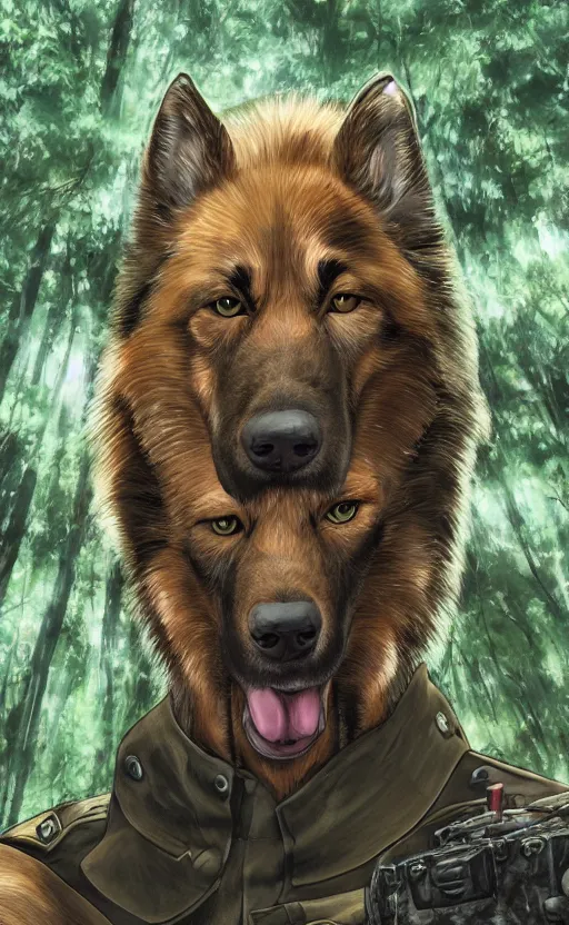 Image similar to close up character portrait icon of the german shepard beast - man military uniform head animal person wearing clothes standing in the bright forest, hidari, color page, tankoban, 4 k, tone mapping, akihiko yoshida