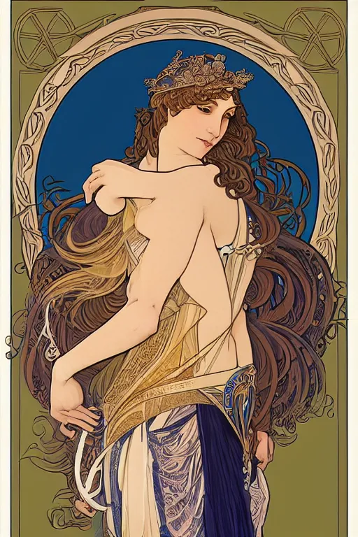 Image similar to stunning goddess valkyrie, crescent moon in the background, in style blend of Botticelli and alphonse mucha, amazing detail, stunning lines, flat colors, 4K, digital illustration, character concept