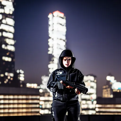 Image similar to photographic portrait of a techwear woman holding a shotgun, closeup, on the rooftop of a futuristic city at night, sigma 85mm f/1.4, 4k, depth of field, high resolution, 4k, 8k, hd, full color