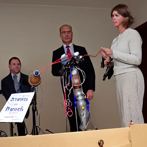 Image similar to press conference with string marionette president in a podium