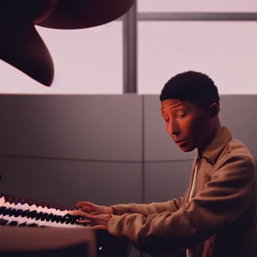 Image similar to cinematic film still of Pharrell Williams Making A Beat with an anthropomorphic alien, Japanese VFX, 2018, 400mm lens, f1.8, shallow depth of field,film photography