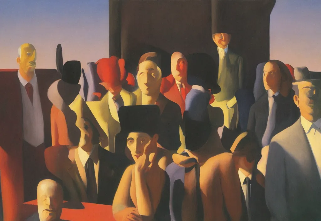 Prompt: group of people pictured in afternoon light, close - up of the faces, surrealist oil painting by edward hopper, dora maar and rene magritte