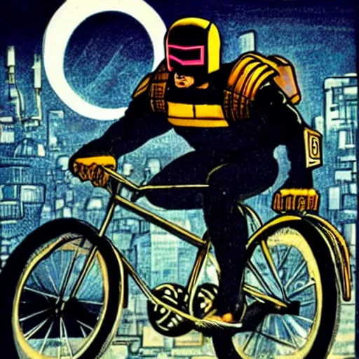 Image similar to judge dredd riding a bicycle in style of futurism