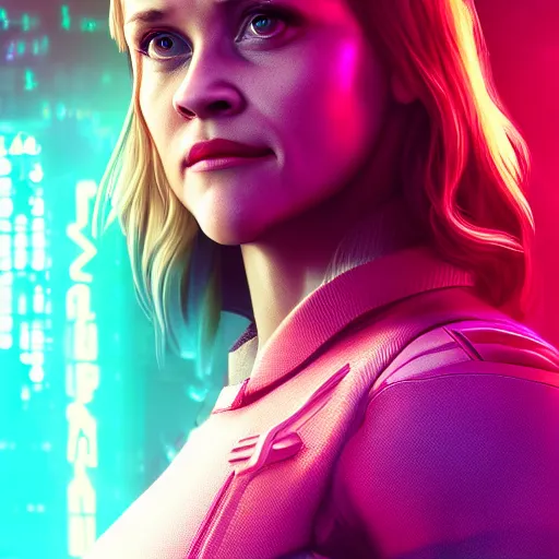 Prompt: reese witherspoon portrait, cyberpunk 2 0 7 7, cyberpunk rogue amendiares, photorealistic, ultra detailed, neon, octane, bokeh, cinematic lighting, cyber, cyberpunk city, studio quality, feature, scars, cyberface, 8 k