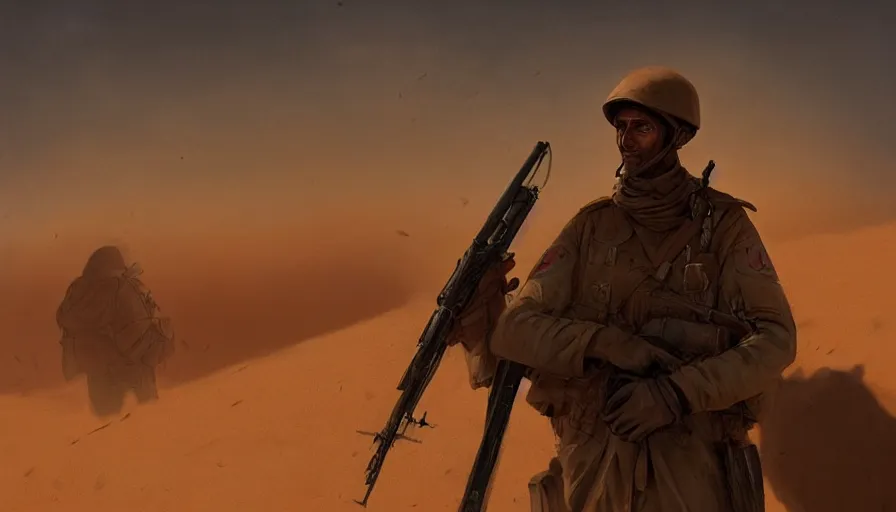 Image similar to beautiful digital painting of a soldier in a trench waiting for the war to end, in the sahara desert. cinematic lighting, atmospheric emotions by greg rutkowski,