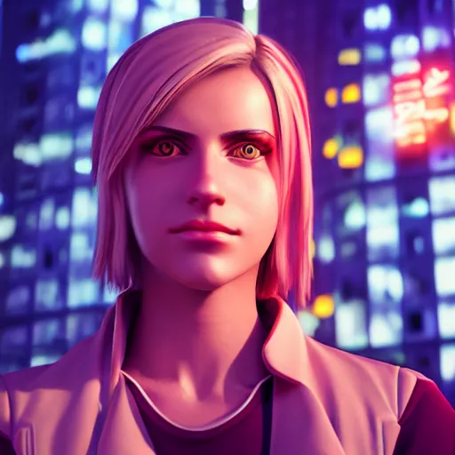 Image similar to Annie Leonhart in a neon city, octane render 8k, photorealistic render, atmospheric render, beautiful face, cute