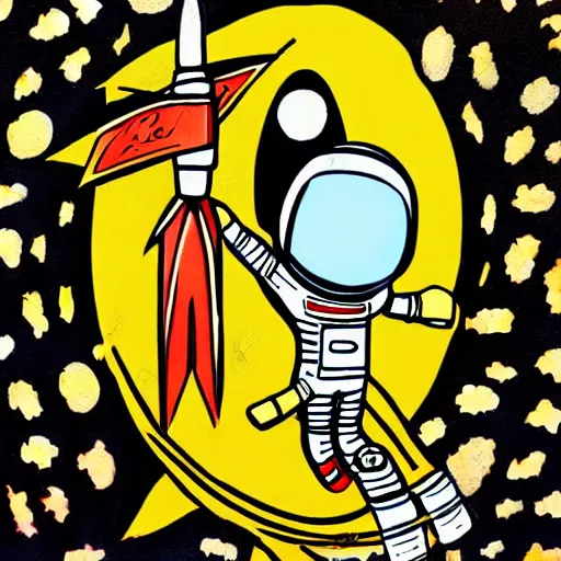 Prompt: An astronaut in space riding on a rocket, in the style of bruce ricker